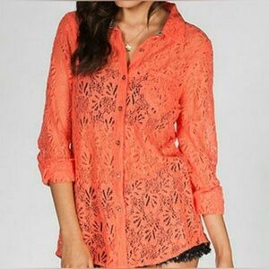 Volcom Orange Coral Peach floral Lace crochet knit Button down top small NWT